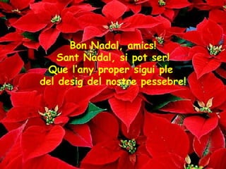 Bon Nadal, amics!
Sant Nadal, si pot ser!
Que l’any proper sigui ple
del desig del nostre pessebre!

 