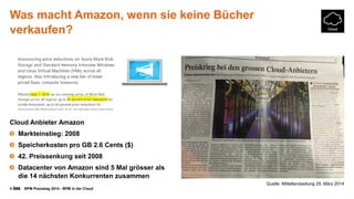 © BPM Praxistag 2014 - BPM in der Cloud 
Was macht Amazon, wenn sie keine Bücher verkaufen? 
Cloud Anbieter Amazon 
Markteinstieg: 2008 
Speicherkosten pro GB 2.6 Cents ($) 
42. Preissenkung seit 2008 
Datacenter von Amazon sind 5 Mal grösserals die 14 nächsten Konkurrenten zusammen 
Quelle: Mittellandzeitung 29. März 2014  