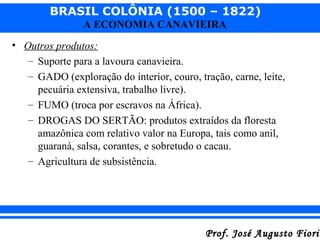 BRASIL COLÔNIA (1500 – 1822)
A ECONOMIA CANAVIEIRA
• Outros produtos:
– Suporte para a lavoura canavieira.
– GADO (explora...