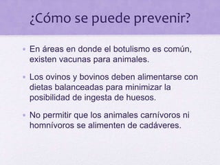 ¿Cómo se puede prevenir?
• En áreas en donde el botulismo es común,
existen vacunas para animales.
• Los ovinos y bovinos deben alimentarse con
dietas balanceadas para minimizar la
posibilidad de ingesta de huesos.
• No permitir que los animales carnívoros ni
homnívoros se alimenten de cadáveres.
 