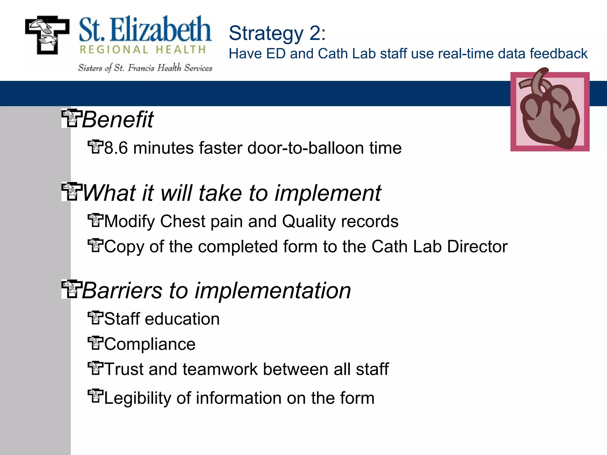 Strategy 2:
                   Have ED and Cath Lab staff use real-time data feedback



Benefit
  8.6 minutes faster door-to-balloon time

What it will take to implement
  Modify Chest pain and Quality records
  Copy of the completed form to the Cath Lab Director

Barriers to implementation
  Staff education
  Compliance
  Trust and teamwork between all staff
  Legibility of information on the form
 