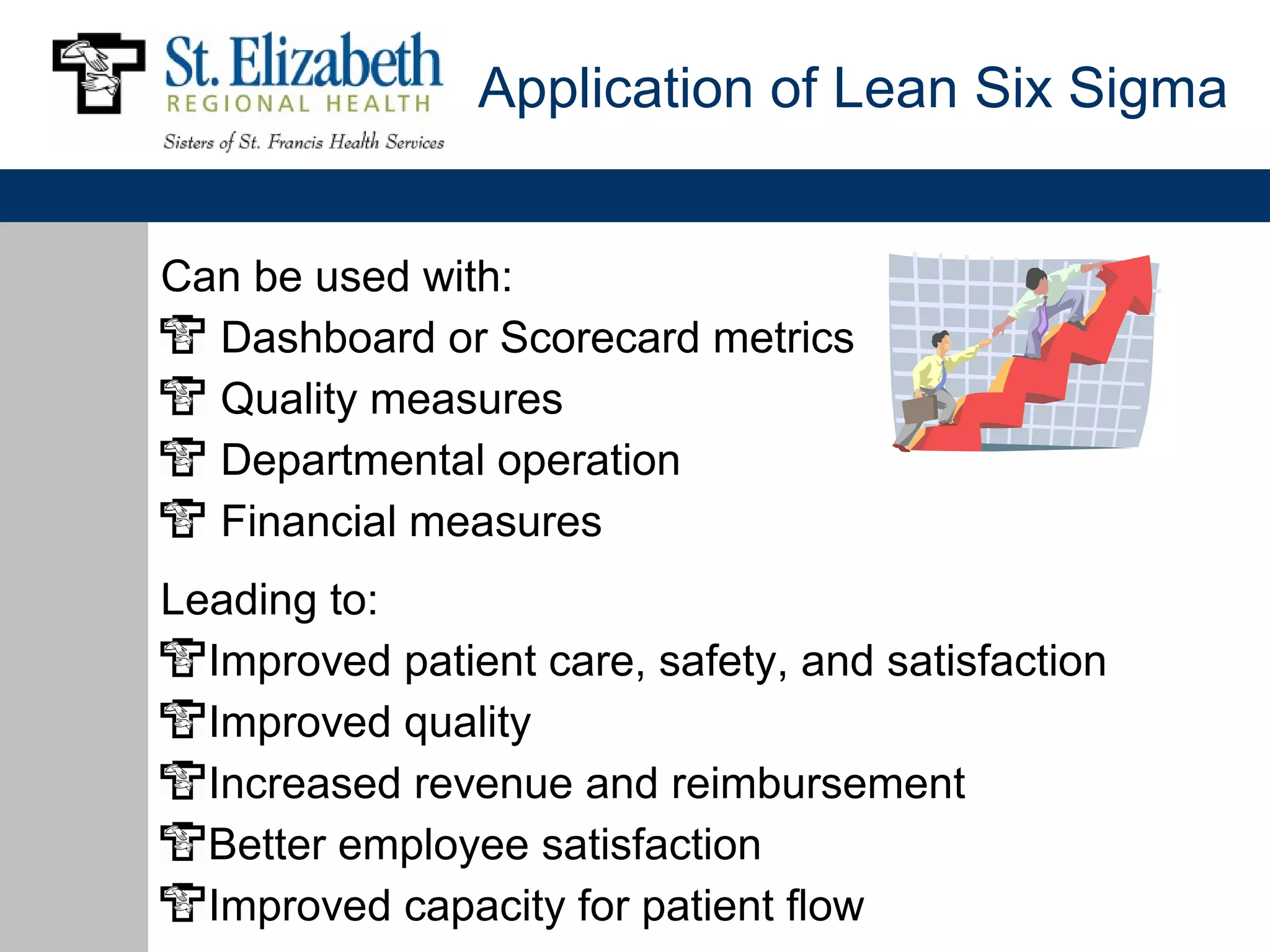 Application of Lean Six Sigma


Can be used with:
  Dashboard or Scorecard metrics
  Quality measures
  Departmental operation
  Financial measures
Leading to:
  Improved patient care, safety, and satisfaction
  Improved quality
  Increased revenue and reimbursement
  Better employee satisfaction
  Improved capacity for patient flow
 