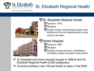 St. Elizabeth Regional Health


                      St. Elizabeth Medical Center
                          Opened in 1876
                          183 Beds
                          Facility includes comprehensive patient care
                          facilities and the only hospital-based nursing
                          school in the state

                      Home Hospital
                          Opened in 1869
                          365 Beds
                          Facilities include education, rehabilitation,
                          ambulatory surgery and patient care centers


St. Elizabeth and Home Hospital merged in 1998 to form St.
Elizabeth Regional Health (2,600 employees)
Currently building a new 150 bed facility to open in Fall 2009
 