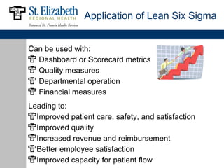 Application of Lean Six Sigma


Can be used with:
  Dashboard or Scorecard metrics
  Quality measures
  Departmental operation
  Financial measures
Leading to:
  Improved patient care, safety, and satisfaction
  Improved quality
  Increased revenue and reimbursement
  Better employee satisfaction
  Improved capacity for patient flow
 