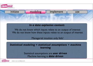 initiate                                            modeling           implement        use



                                                    In a data explosion context:
   We do not know which inputs relate to an output of interest
  We do not know how these inputs relate to an output of interest

                                                     Managerial intuition only fails!

Statistical modeling = statistical assumptions + machine
                         learning

                                             Statistical assumptions are user driven
                                                Machine learning is data driven
 conﬁdential - only for use by 2BRidgZ limited HK
 