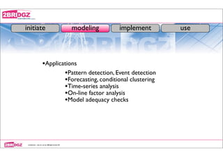 initiate                                            modeling   implement   use



                      •Applications
                              •Pattern detection, Event detection
                              •Forecasting, conditional clustering
                              •Time-series analysis
                              •On-line factor analysis
                              •Model adequacy checks




 conﬁdential - only for use by 2BRidgZ limited HK
 