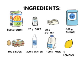 INGREDIENTS:
850 g FLOUR 25 g SALT 80 g
BUTTER
100 g
SUGAR
100 g EGGS 300 cl WATER 100 cl MILK 2
LEMONS
 