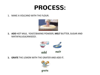 PROCESS:
1. MAKE A VOLCANO WITH THE FLOUR.
1. ADD HOT MILK, YEAST/BAKING POWDER, MELT BUTTER, SUGAR AND
MATAFALUGA/ANISEED .
1. GRATE THE LEMON WITH THE GRATER AND ADD IT.
 