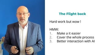 The Flight back
Hard work but wow !
HMW:
1. Make a it easier
2. Cover the whole process
3. Better interaction with AI
 