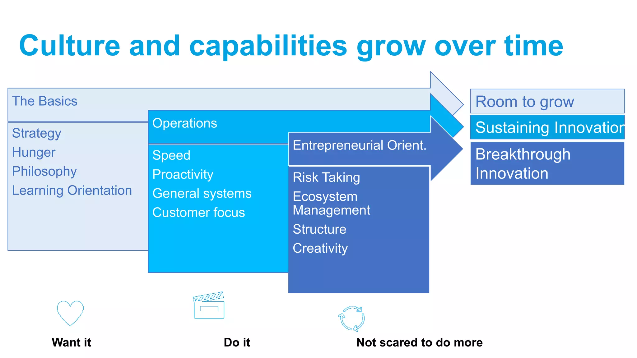 Culture and capabilities grow over time
The Basics
Strategy
Hunger
Philosophy
Learning Orientation
Operations
Speed
Proactivity
General systems
Customer focus
Entrepreneurial Orient.
Risk Taking
Ecosystem
Management
Structure
Creativity
Room to grow
Sustaining Innovation
Breakthrough
Innovation
Want it Do it Not scared to do more
 