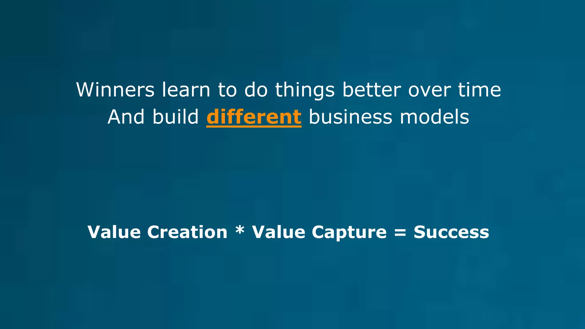 Winners learn to do things better over time
And build different business models
Value Creation * Value Capture = Success
 