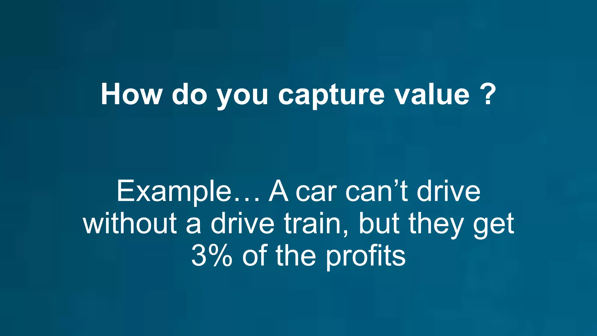 How do you capture value ?
Example… A car can’t drive
without a drive train, but they get
3% of the profits
 
