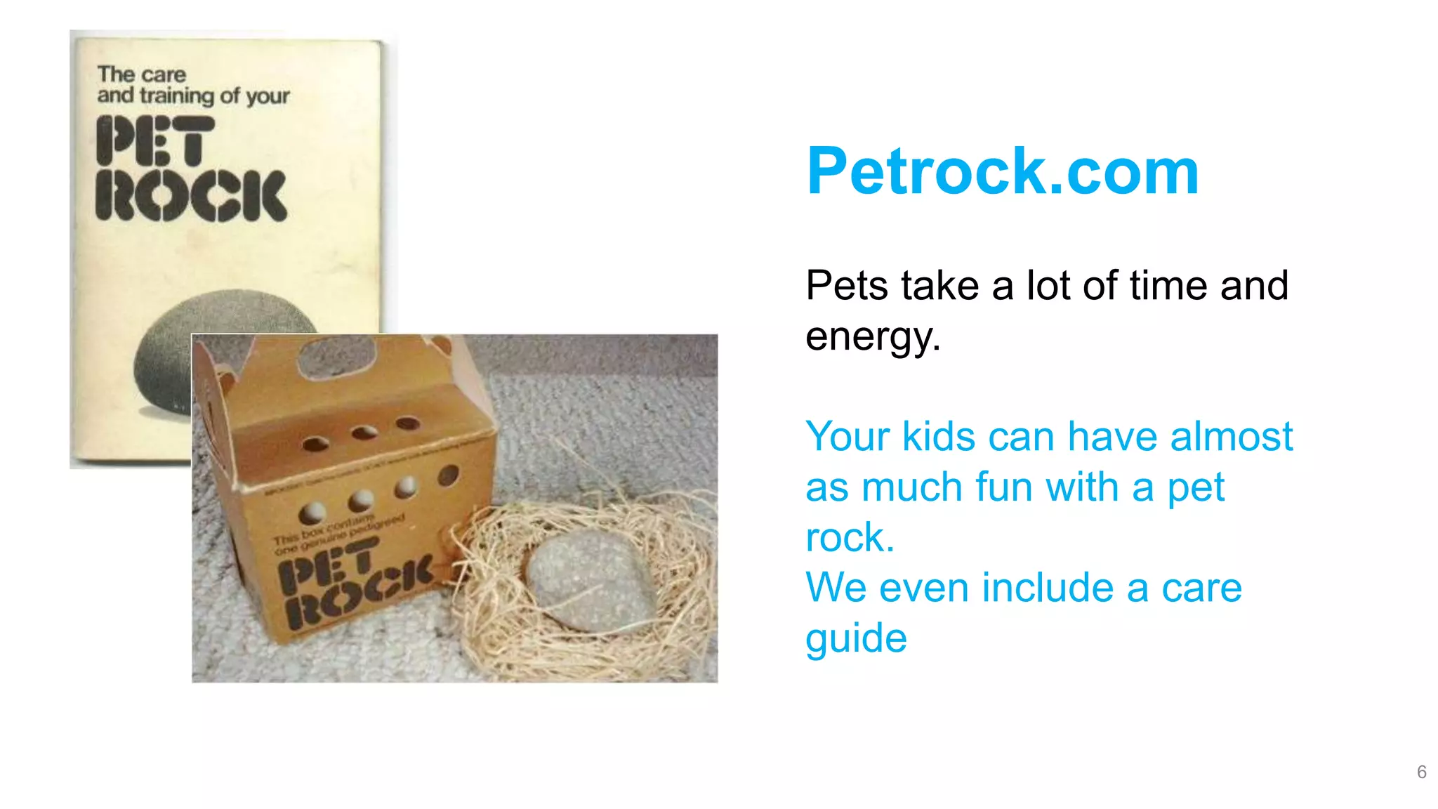 6
Petrock.com
Pets take a lot of time and
energy.
Your kids can have almost
as much fun with a pet
rock.
We even include a care
guide
 