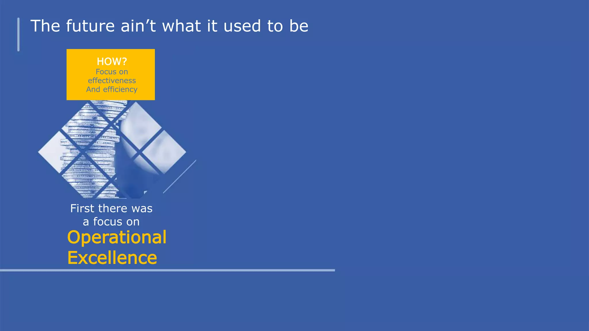 The future ain’t what it used to be
First there was
a focus on
Then there was: Now companies need
INNOVATION BUSINESS MODEL
INNOVATION
How and what can be copied, systems are sustainable
HOW?
Focus on
effectiveness
And efficiency
WHAT?
Focus on new
customer value
WHAT? WHO?
HOW? WHY?
Focus on the entire
Value system
Operational
Excellence
 