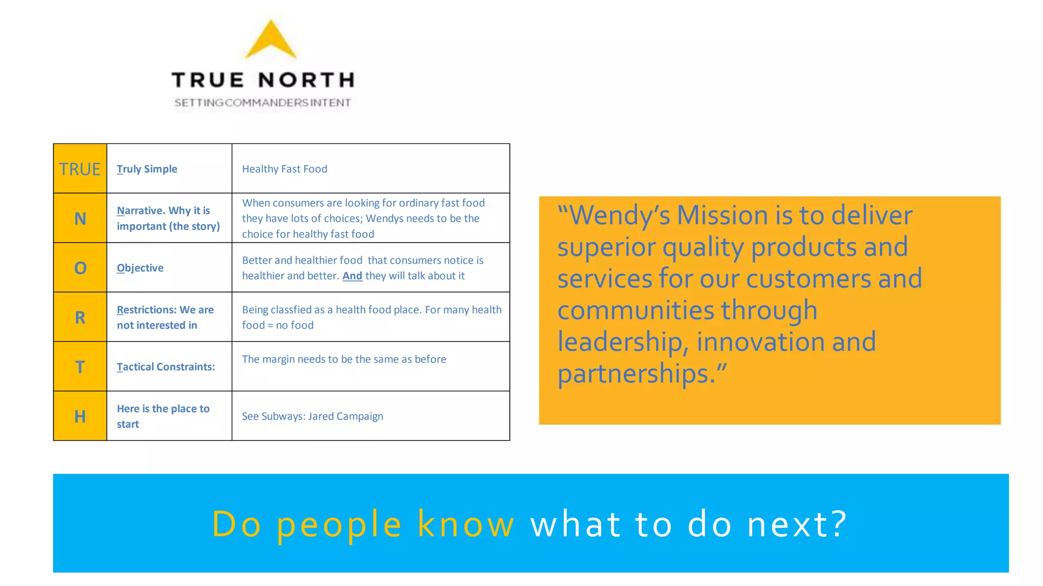 “Wendy’s Mission is to deliver
superior quality products and
services for our customers and
communities through
leadership, innovation and
partnerships.”
TRUE Truly Simple Healthy Fast Food
N
Narrative. Why it is
important (the story)
When consumers are looking for ordinary fast food
they have lots of choices; Wendys needs to be the
choice for healthy fast food
O Objective
Better and healthier food that consumers notice is
healthier and better. And they will talk about it
R
Restrictions: We are
not interested in
Being classfied as a health food place. For many health
food = no food
T Tactical Constraints:
The margin needs to be the same as before
H
Here is the place to
start
See Subways: Jared Campaign
Do people know what to do next?
 
