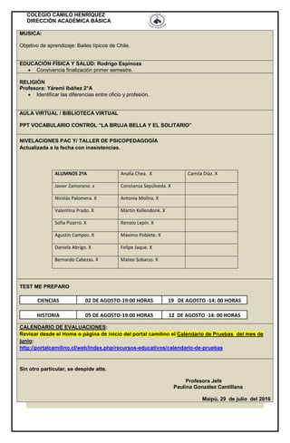 COLEGIO CAMILO HENRÍQUEZ
DIRECCIÓN ACADÉMICA BÁSICA
MUSICA:
Objetivo de aprendizaje: Bailes típicos de Chile.
EDUCACIÓN FÍSICA Y SALUD: Rodrigo Espinoza
 Convivencia finalización primer semestre.
RELIGIÓN
Profesora: Yáremi Ibáñez 2°A
 Identificar las diferencias entre oficio y profesión.
AULA VIRTUAL / BIBLIOTECA VIRTUAL
PPT VOCABULARIO CONTROL “LA BRUJA BELLA Y EL SOLITARIO”
NIVELACIONES PAC Y/ TALLER DE PSICOPEDAGOGÍA
Actualizada a la fecha con inasistencias.
ALUMNOS 2ºA Analía Chea. X Camila Díaz. X
Javier Zamorano. x Constanza Sepúlveda. X
Nicolás Palomera. X Antonia Molina. X
Valentina Prado. X Martin Kellendonk. X
Sofía Pizarro. X Renato Lepín. X
Agustín Campos. X Máximo Poblete. X
Daniela Abrigo. X Felipe Jaque. X
Bernardo Cabezas. X Mateo Sobarzo. X
TEST ME PREPARO
CIENCIAS 02 DE AGOSTO-19:00 HORAS 19 DE AGOSTO -14: 00 HORAS
HISTORIA 05 DE AGOSTO-19:00 HORAS 12 DE AGOSTO -14: 00 HORAS
CALENDARIO DE EVALUACIONES:
Revisar desde el Home o página de inicio del portal camilino el Calendario de Pruebas del mes de
junio:
http://portalcamilino.cl/web/index.php/recursos-educativos/calendario-de-pruebas
Sin otro particular, se despide atte.
Profesora Jefe
Paulina González Cantillana
Maipú, 29 de julio del 2016
 