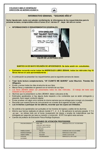 COLEGIO CAMILO HENRÍQUEZ
DIRECCIÓN ACADÉMICABÁSICA
INFORMATIVO SEMANAL “SEGUNDO AÑO A”
Señor Apoderado: Junto con saludar cordialmente, le informamos de los requerimientos para la
próxima semana, comprendida entre el lunes 23 al viernes 27 mayo del año en curso.
 NFORMACIONES O REQUERIMIENTOS GENERALES:
VALOR DE LA ENTRADA $500
MARTES 24 DE MAYO REUNIÓN DE APODERADOS. Se debe asistir sin estudiantes.
 Estimados recuerdo enviar todos los MIERCOLES LIBRO ZIEMAX, todos los miércoles hay 10
libros menos en aula aproximadamente .
 A continuación se presentan los requerimientos para la siguiente semana de clases:
 Traer texto lectura complementaria, “AY CUANTO ME QUIERO” autor Mauricio Paredes Ed.
Alfaguara.
 Enviar y revisar todos los días el estuche de sus hijos.
 Marcar libros y materiales en general con el nombre de sus hijos.
 Los libros ZIEMAX deben ser presentados todos los días miércoles. El trabajo del texto será
evaluado en las pruebas.
 Alumnos que no presentaron su libro ZIEMAX deben colocarse al día.
 Estimados apoderados si hay alguna duda respecto a los contenidos que se están entregando y
pasando, favor seguir conducto regular.
 Enviar pruebas con algún error durante la misma semana que se entrega para corregir a la brevedad.
 Recordar que nuestra forma de comunicación es a través de la agenda escolar o portal.
 Los invitamos a participar de los talleres, recordar que los cupos son limitados.
 Se solicita a los apoderados ser puntuales en los horarios de ingreso y salida de los alumnos
 Informo que hemos realizado el cálculo mental nº 1 ,2 , 3, 4 .Se aplicaron la semana pasada 3 Y 4
,ya que , se retraso todo por el lunes (suspensión de clases y prueba de matemáticas que fue
entregada por segunda vez para su revisión y corrección .El Nº 5 se aplicó esta semana
 Cambio de profesor de Educación Física Rodrigo Espinoza.
 HORARIO DE ATENCIÓN PROFESORES
PAULINAGONZALEZ PROF. JEFE
LENGUAJE- MAT-CIENCIAS-
HISTORIA- MUSICA-ARTES-
TECNOLOGÍA
MIERCOLES DE11:15 A13:00 HORAS
PAMELACUEVAS INGLES JUEVES DE13:45 A15:15 HORAS
RODRIGO ESPINOZA ED. FISICA MIERCOLES 17:00 A18:45
YAREMI IBAÑEZ RELIGION JUEVES 11:30 A13:00
CATALINA
GUTIERREZ
PSICOPEDAGOGA MIERCOLES 11:30 A13:00
 