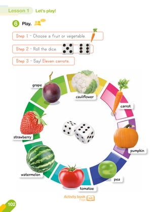 6 Play.
Activity book
Page 48
Step 1 - Choose a fruit or vegetable.
Step 2 - Roll the dice.
Step 3 - Say! Eleven carrots.
strawberry
cauliflower
pumpkin
grape
pea
carrot
watermelon
tomatoe
102
Lesson 1 Let's play!
 