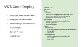 AWS Code Deploy version: 0.0
os: linux
files:
- source: /
destination: /var/www/ativo.com/public_html
- source: codedeploy/configs/config.php
destination: /var/www/ativo.com/
permissions:
- object: /var/www/ativo.com/public_html
owner: application
group: application
hooks:
BeforeInstall:
- location: codedeploy/scripts/app_dependencies
timeout: 300
runas: root
ApplicationStart:
- location: codedeploy/scripts/app_start
timeout: 300
runas: root
- Integração fácil em ambiente AWS
- Integração Github e BitBucket
- Rápida instalação e implementação
- Monitoramento
- Controle de acesso
- HealthChecks
 