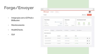 Forge/Envoyer
- Integração com o GiTHub e
BitBucket
- Monitoramento
- HealthChecks
- GUI
 
