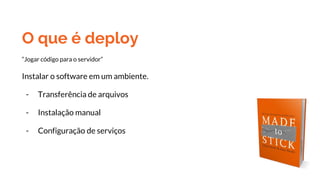 O que é deploy
“Jogar código para o servidor”
Instalar o software em um ambiente.
- Transferência de arquivos
- Instalação manual
- Configuração de serviços
 