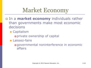 Copyright © 2015 Pearson Education, Inc. 4-18
Market Economy
 In a market economy individuals rather
than governments make most economic
decisions
 Capitalism
 private ownership of capital
 Laissez-faire
 governmental noninterference in economic
affairs
 