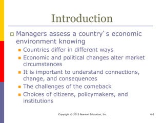 Copyright © 2015 Pearson Education, Inc. 4-5
Introduction
 Managers assess a country’s economic
environment knowing
 Countries differ in different ways
 Economic and political changes alter market
circumstances
 It is important to understand connections,
change, and consequences
 The challenges of the comeback
 Choices of citizens, policymakers, and
institutions
 