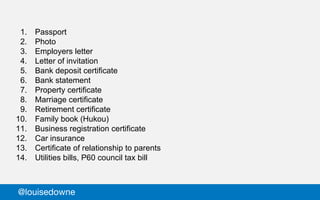 1. Passport
2. Photo
3. Employers letter
4. Letter of invitation
5. Bank deposit certificate
6. Bank statement
7. Property certificate
8. Marriage certificate
9. Retirement certificate
10. Family book (Hukou)
11. Business registration certificate
12. Car insurance
13. Certificate of relationship to parents
14. Utilities bills, P60 council tax bill
@louisedowne
 