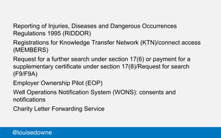 Reporting of Injuries, Diseases and Dangerous Occurrences
Regulations 1995 (RIDDOR)
Registrations for Knowledge Transfer Network (KTN)/connect access
(MEMBERS)
Request for a further search under section 17(6) or payment for a
supplementary certificate under section 17(8)/Request for search
(F9/F9A)
Employer Ownership Pilot (EOP)
Well Operations Notification System (WONS): consents and
notifications
Charity Letter Forwarding Service
@louisedowne
 