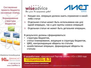 Программа сертифицирована фирмой «1С» (официальный статус «1С-Совместимо!»)
О разработчике: официальный Партнёр фирмы «1С» с 2003 года
Составление
проекта бюджета
(основные этапы).
Формирование
структуры
бюджетов
Каждая хоз. операция должна иметь отражение в какой-
либо статье
Отдельная статья может быть использована как для
одной операции, так и для группы схожих операций
Отдельная статья не может быть детальнее операции.
В результате должны сформироваться:
• структуры бюджетов,
• статьи планирования, входящие в структуру бюджетов,
• ЦФО, контролирующие обороты по статьям
• хозяйственные операции, формирующие обороты по
статьям
 