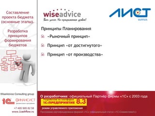 Программа сертифицирована фирмой «1С» (официальный статус «1С-Совместимо!»)
О разработчике: официальный Партнёр фирмы «1С» с 2003 года
Составление
проекта бюджета
(основные этапы).
Разработка
принципов
формирования
бюджетов
Принципы Планирования
«Рыночный принцип»
Принцип «от достигнутого»
Принцип «от производства»
 