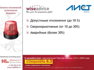 Программа сертифицирована фирмой «1С» (официальный статус «1С-Совместимо!»)
О разработчике: официальный Партнёр фирмы «1С» с 2003 года
Анализ отклонений
исполнения
бюджета
Допустимые отклонения (до 10 %)
Сверхнормативные (от 10 до 30%)
Аварийные (более 30%)
 