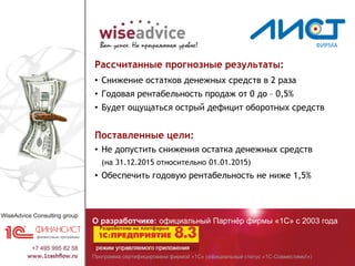 Программа сертифицирована фирмой «1С» (официальный статус «1С-Совместимо!»)
О разработчике: официальный Партнёр фирмы «1С» с 2003 года
Рассчитанные прогнозные результаты:
• Снижение остатков денежных средств в 2 раза
• Годовая рентабельность продаж от 0 до – 0,5%
• Будет ощущаться острый дефицит оборотных средств
Поставленные цели:
• Не допустить снижения остатка денежных средств
(на 31.12.2015 относительно 01.01.2015)
• Обеспечить годовую рентабельность не ниже 1,5%
 