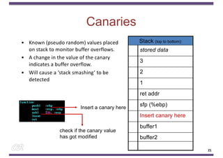 Canaries
Stack (top to bottom):
stored data
3
2
1
ret addr
sfp (%ebp)
Insert canary here
buffer1
buffer2
Insert a canary here
check if the canary value
has got modified
• Known (pseudo random) values placed
on stack to monitor buffer overflows.
• A change in the value of the canary
indicates a buffer overflow.
• Will cause a ‘stack smashing’ to be
detected
21
 