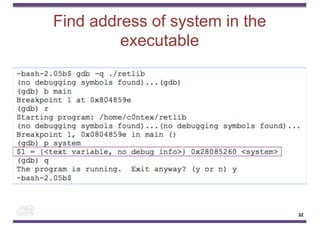 Find address of system in the
executable
32
32
 