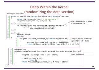 Deep Within the Kernel
(randomizing the data section)
84
loading the executable
Check if randomize_va_space
is > 1 (it can be 1 or 2)
Compute the end of the data
segment (m->brk + 0x20)
Finally Randomize
 