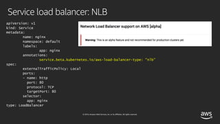 © 2019, Amazon Web Services, Inc. or its affiliates. All rights reserved.
Service load balancer: NLB
apiVersion: v1
kind: Service
metadata:
name: nginx
namespace: default
labels:
app: nginx
annotations:
service.beta.kubernetes.io/aws-load-balancer-type: "nlb"
spec:
externalTrafficPolicy: Local
ports:
- name: http
port: 80
protocol: TCP
targetPort: 80
selector:
app: nginx
type: LoadBalancer
 