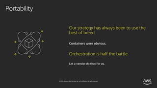 © 2018, Amazon Web Services, Inc. or its affiliates. All rights reserved.
Portability
Our strategy has always been to use the
best of breed
Containers were obvious.
Orchestration is half the battle
Let a vendor do that for us.
 