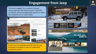 The brand engages the customers through
various exercises like publicizing the “Jeep life”
on website and encouraging jeep owners to share
their experiences on social media
Events such as camping and road trips are also
promoted to develop a sense of community
among the owners
Engagement from Jeep
 