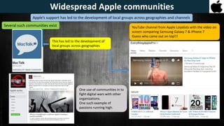 Apple’s support has led to the development of local groups across geographies and channels
YouTube channel from Apple Loyalists with the video on
screen comparing Samsung Galaxy 7 & iPhone 7
Guess who came out on top!!!
Several such communities exist
This has led to the development of
local groups across geographies
One use of communities in to
fight digital wars with other
organizations.
One such example of
passions running high.
Widespread Apple communitiesWidespread Apple communities
 