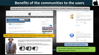 These groups help their members by providing training sessions, product reviews and technical support
Apple support group on Reddit providing reviews and technical support
A typical Apple support group
Communities helping in increasing the sales by
suggesting usage situations
Benefits of the communities to the users
 