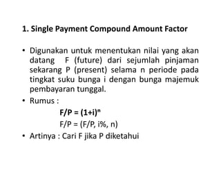 1. Single Payment Compound Amount Factor
• Digunakan untuk menentukan nilai yang akan
datang F (future) dari sejumlah pinjaman
sekarang P (present) selama n periode pada
tingkat suku bunga i dengan bunga majemuk
pembayaran tunggal.pembayaran tunggal.
• Rumus :
F/P = (1+i)ⁿ
F/P = (F/P, i%, n)
• Artinya : Cari F jika P diketahui
 