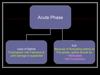 Acute Phase




                                               N.B.
       Uses of Splints           Because of fluctuating edema at
Prophylactic role if tendons &    This phase, splints should be
 joint damage is suspected                 • MOdulable
                                        • Not Constrictive
 