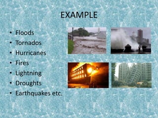 EXAMPLE
• Floods
• Tornados
• Hurricanes
• Fires
• Lightning
• Droughts
• Earthquakes etc.
 