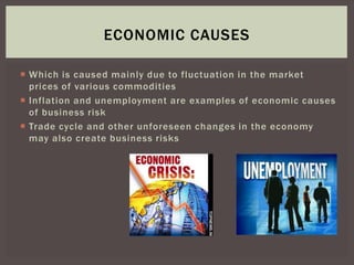  Which is caused mainly due to fluctuation in the market
prices of various commodities
 Inflation and unemployment are examples of economic causes
of business risk
 Trade cycle and other unforeseen changes in the economy
may also create business risks
ECONOMIC CAUSES
 