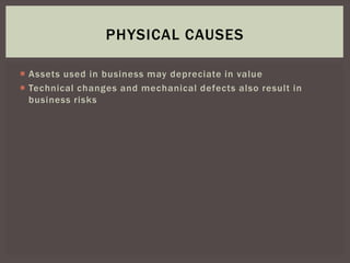  Assets used in business may depreciate in value
 Technical changes and mechanical defects also result in
business risks
PHYSICAL CAUSES
 