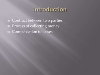  Contract between two parties
 Process of collecting money
 Compensation to losses
 
