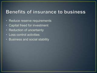 • Reduce reserve requirements
• Capital freed for investment
• Reduction of uncertainty
• Loss control activities
• Business and social stability
 