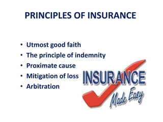 PRINCIPLES OF INSURANCE
• Utmost good faith
• The principle of indemnity
• Proximate cause
• Mitigation of loss
• Arbitration
 