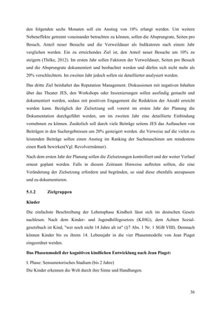 den folgenden sechs Monaten soll ein Anstieg von 10% erlangt werden. Um weitere
Nebeneffekte getrennt voneinander betrachten zu können, sollen die Absprungrate, Seiten pro
Besuch, Anteil neuer Besuche und die Verweildauer als Indikatoren nach einem Jahr
verglichen werden. Ein zu erreichendes Ziel ist, den Anteil neuer Besuche um 10% zu
steigern (Thilke, 2012). Im ersten Jahr sollen Faktoren der Verweildauer, Seiten pro Besuch
und die Absprungrate dokumentiert und beobachtet werden und dürfen sich nicht mehr als
20% verschlechtern. Im zweiten Jahr jedoch sollen sie detaillierter analysiert werden.

Das dritte Ziel beinhaltet das Reputation Management. Diskussionen mit negativen Inhalten
über das Theater JES, den Workshops oder Inszenierungen sollen ausfindig gemacht und
dokumentiert werden, sodass mit positiven Engagement die Reduktion der Anzahl erreicht
werden kann. Bezüglich der Zielsetzung soll vorerst im ersten Jahr der Planung die
Dokumentation durchgeführt werden, um im zweiten Jahr eine detaillierte Einbindung
vornehmen zu können. Zusätzlich soll durch viele Beiträge seitens JES das Auftauchen von
Beiträgen in den Suchergebnissen um 20% gesteigert werden. die Verweise auf die vielen zu
leistenden Beiträge sollen einen Anstieg im Ranking der Suchmaschinen um mindestens
einen Rank bewirken(Vgl. Revolvermänner).

Nach dem ersten Jahr der Planung sollen die Zielsetzungen kontrolliert und der weiter Verlauf
erneut geplant werden. Falls in diesem Zeitraum Hinweise auftreten sollten, die eine
Veränderung der Zielsetzung erfordern und begründen, so sind diese ebenfalls anzupassen
und zu dokumentieren.

5.1.2      Zielgruppen

Kinder

Die einfachste Beschreibung der Lebensphase Kindheit lässt sich im deutschen Gesetz
nachlesen. Nach dem Kinder- und Jugendhilfegesetzes (KJHG), dem Achten Sozial-
gesetzbuch ist Kind, "wer noch nicht 14 Jahre alt ist" (§7 Abs. 1 Nr. 1 SGB VIII). Demnach
können Kinder bis zu ihrem 14. Lebensjahr in die vier Phasenmodelle von Jean Piaget
eingeordnet werden.

Das Phasenmodell der kognitiven kindlichen Entwicklung nach Jean Piaget:

I. Phase: Sensumotorisches Stadium (bis 2 Jahre)
Die Kinder erkennen die Welt durch ihre Sinne und Handlungen.



                                                                                          36
 